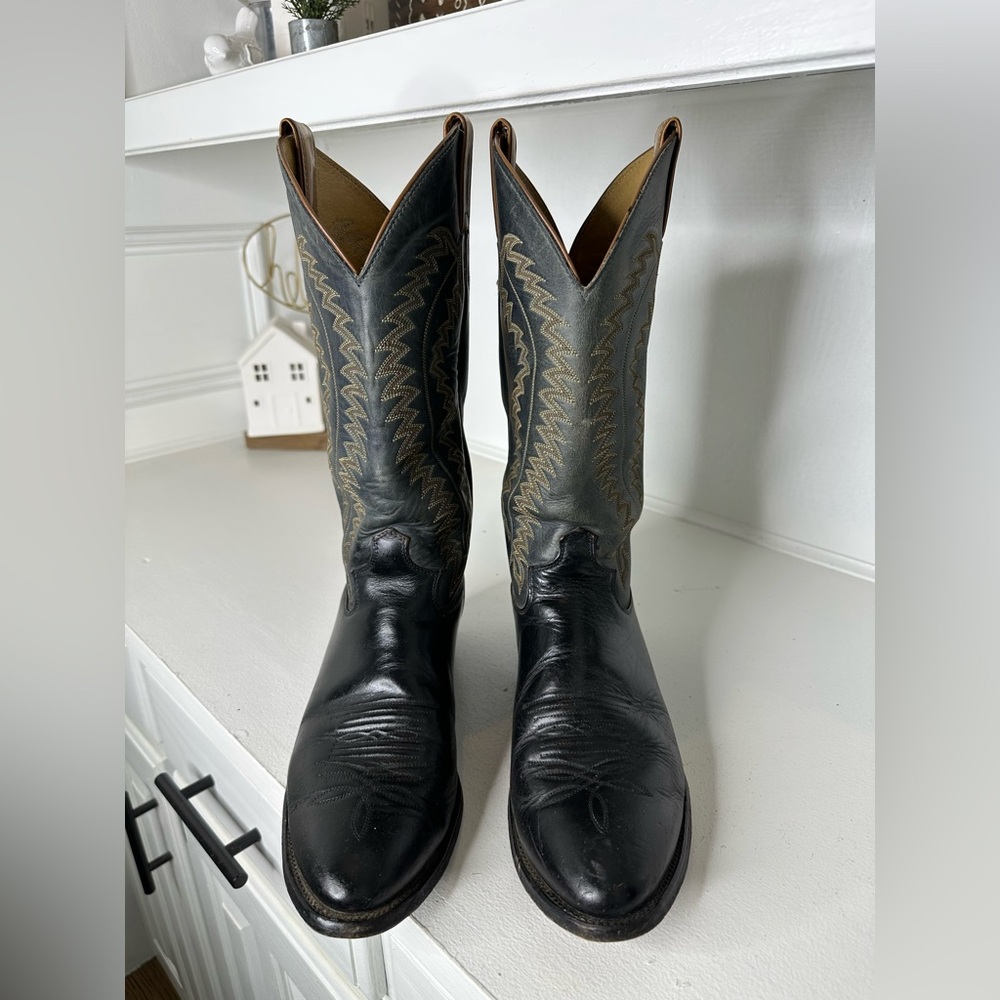 **SOLD**Vintage Justin Men’s 9D Black Leather Cowboy Boots Made in USA Classic - Picture 2 of 9